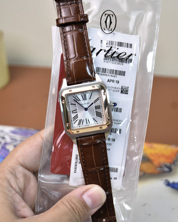 Santos Dumont XL Quartz Brown Silver Rose White Dial