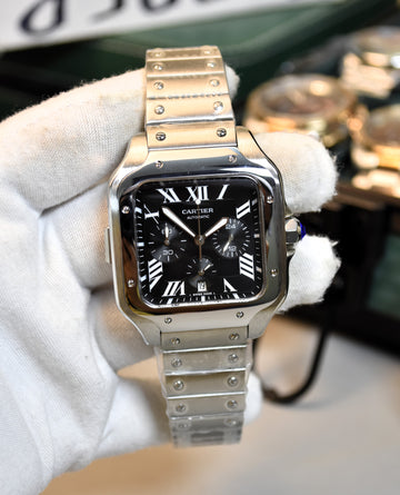 Santos Quartz Chronograph Silver Black Dial