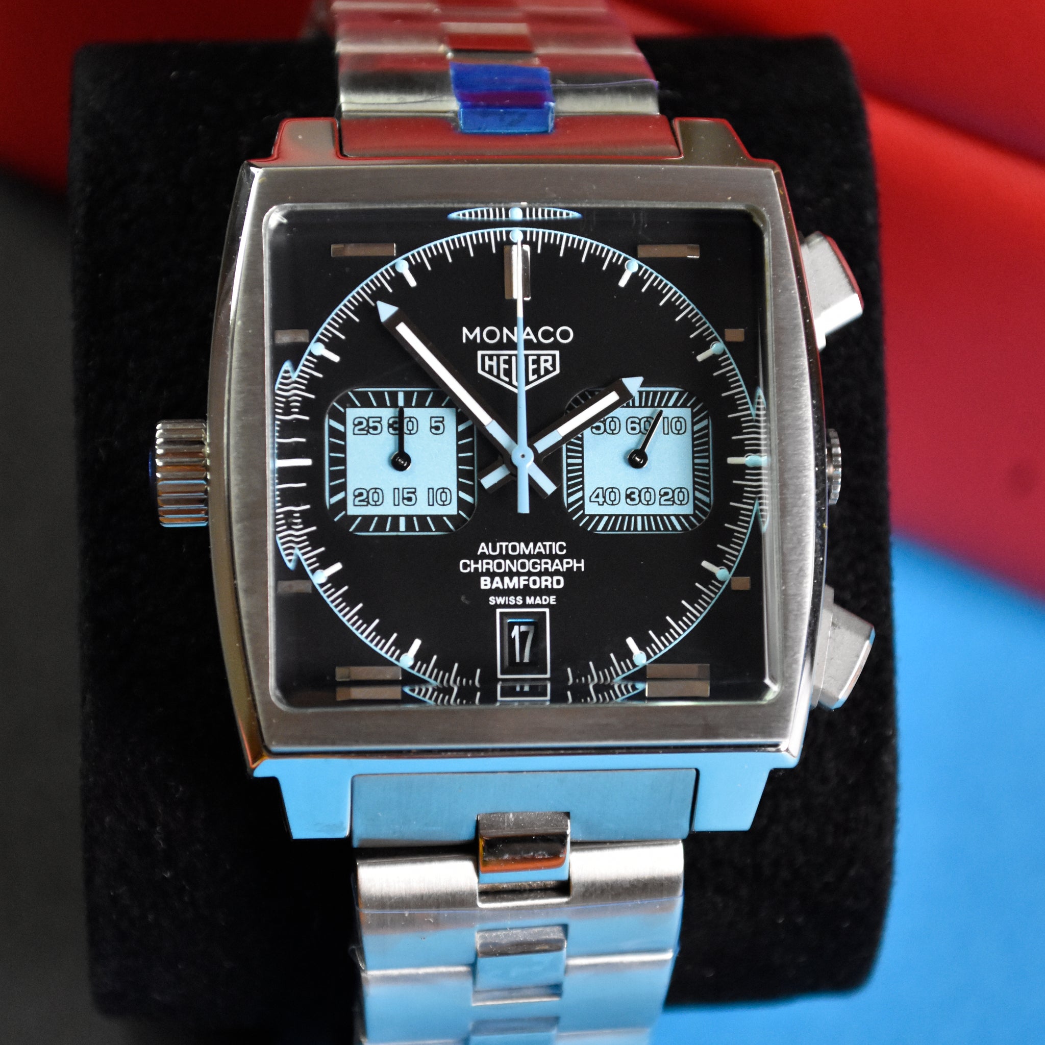 MONACO CHRONOGRAPH  SILVER BLACK BLUE DIAL.