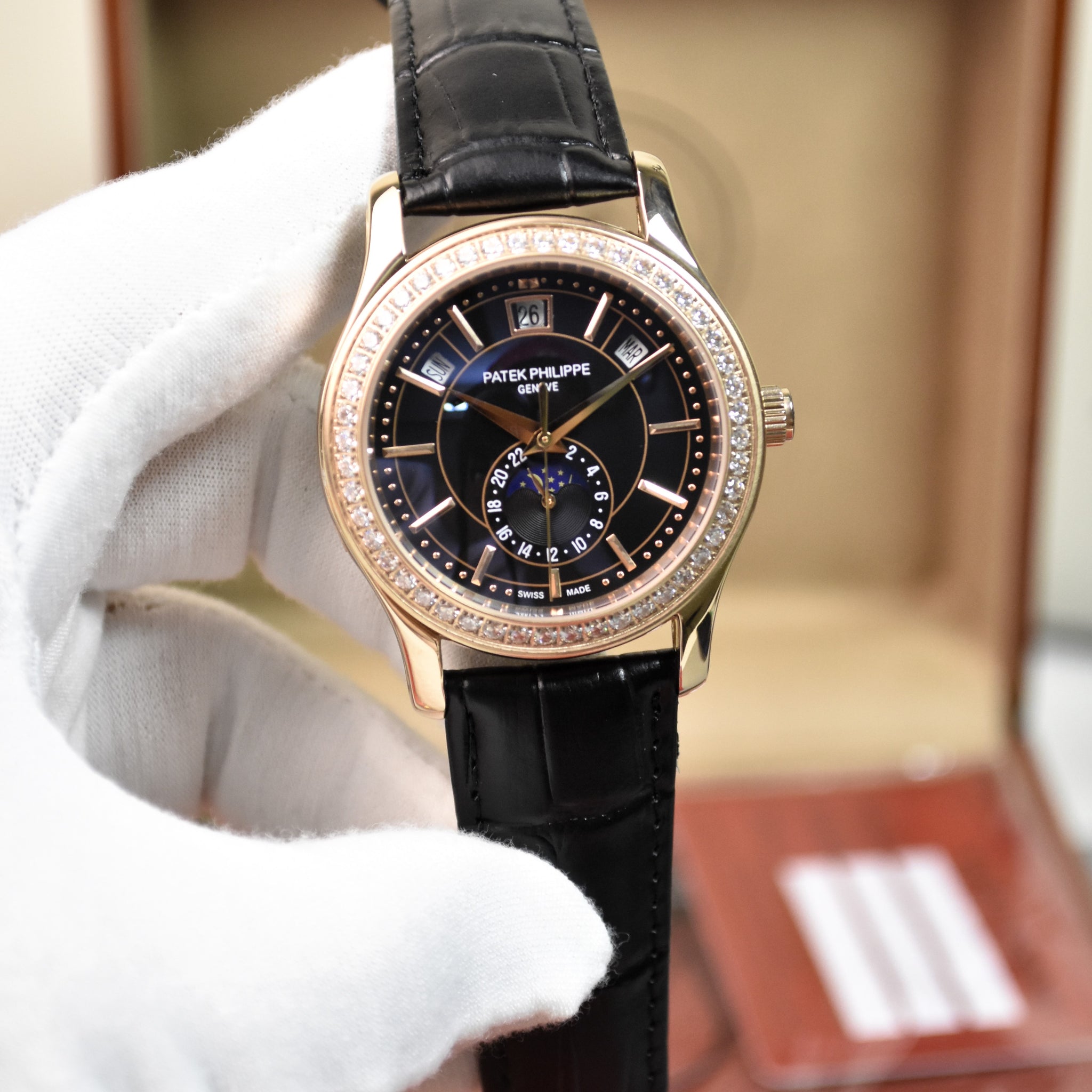 ANNUAL CALENDER AUTO 38MM ROSE BLACK STONE BAZZEL